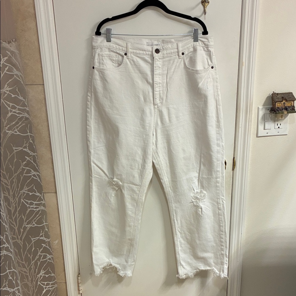 LOFT Women's White 90’s High Waist Distressed Straight Leg Jeans Sz 32/14